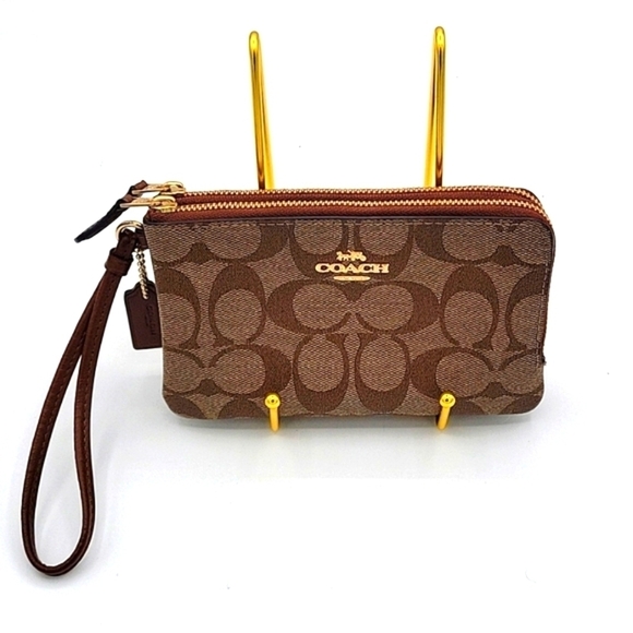 Coach Double Corner Zip Wristlet - Tan & Brown Coated Canvas w/ Hang Tag - 6”x4” - Picture 7 of 14